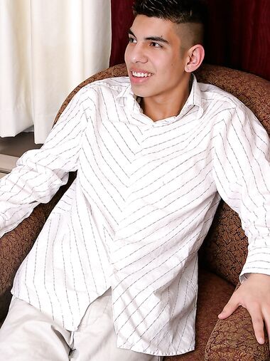 Skinny young gay Kevin 1 shows his hairy dick up close