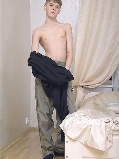 Skinny gay boy Jenya stripping naked and masturbating to